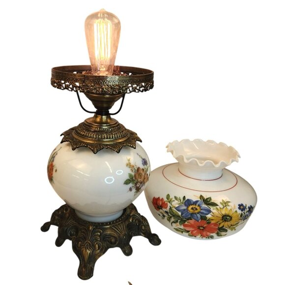 Vintage Gone With the Wind Style 3 Way Table Lamp Hand Painted Floral